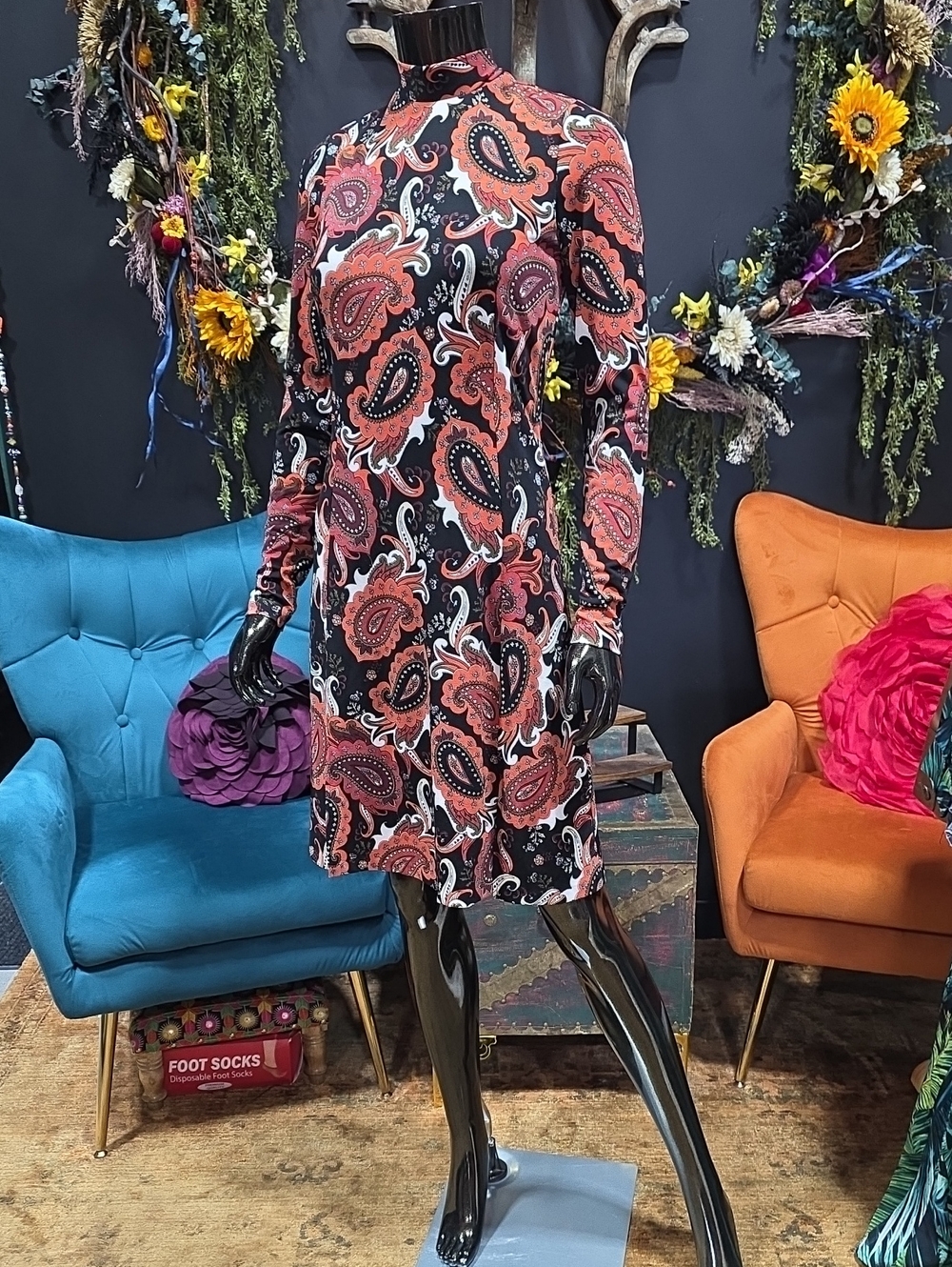 Marciano Coral and Black Paisley Mock-Neck Long Sleeve Dress